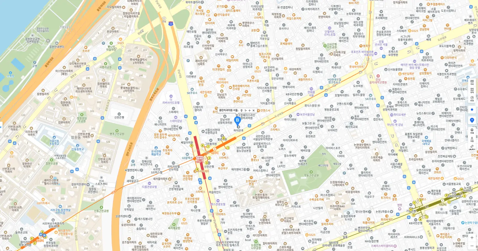 플란치과 위치 지도: 신사역 8번 출구 인근 도산대로
