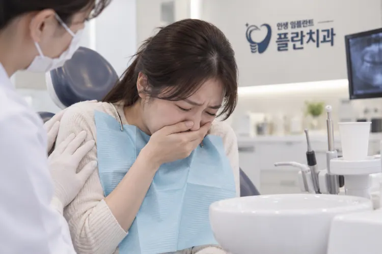 헛구역질로 입을 가린 여성