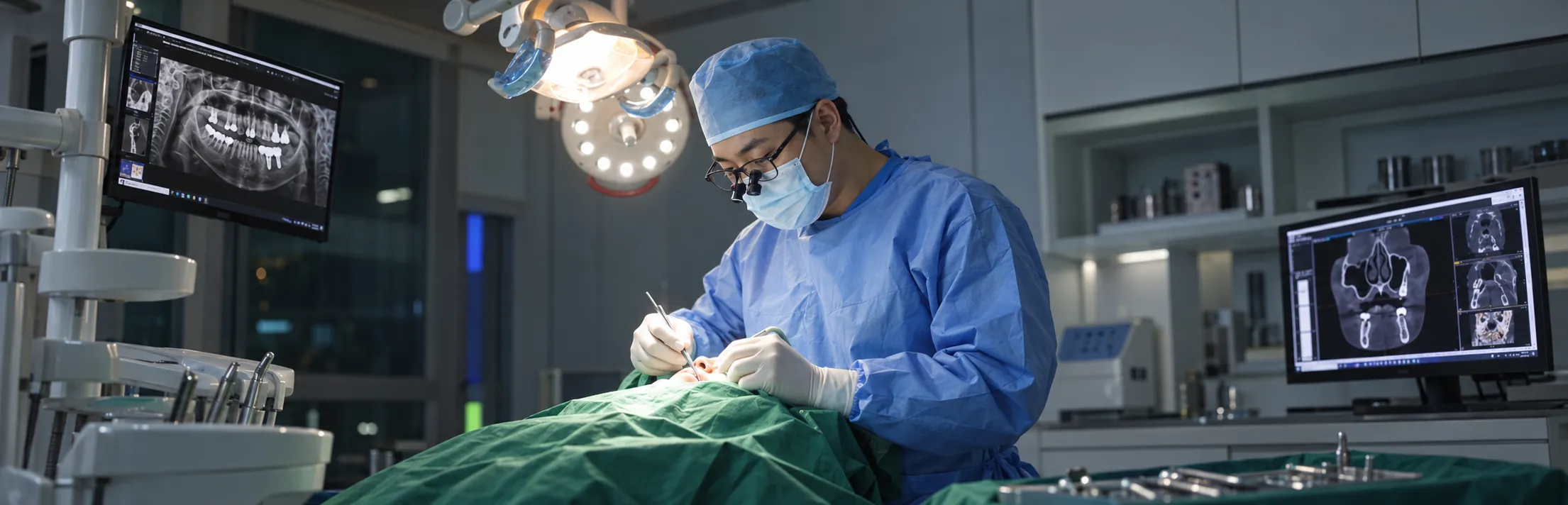 수술실에서 의료진이 모니터의 CT 영상을 띄워 두고 임플란트 수술을 하는 모습
